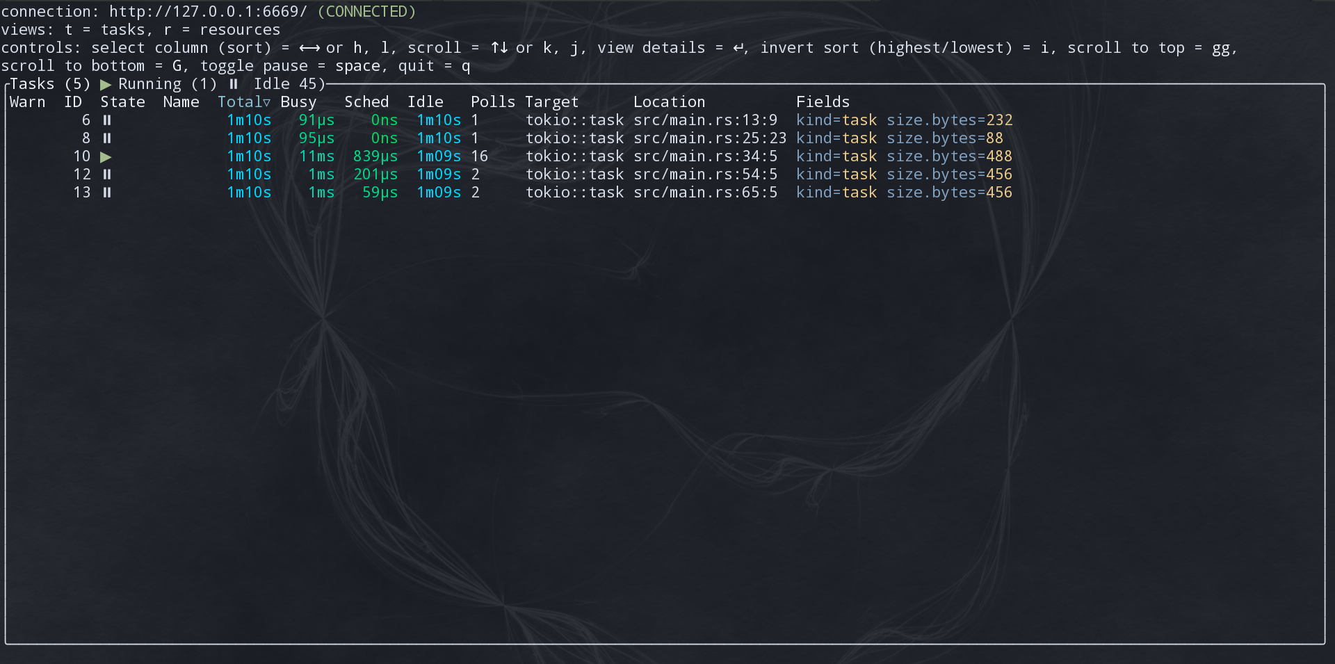 Tokio console connected to our example app
